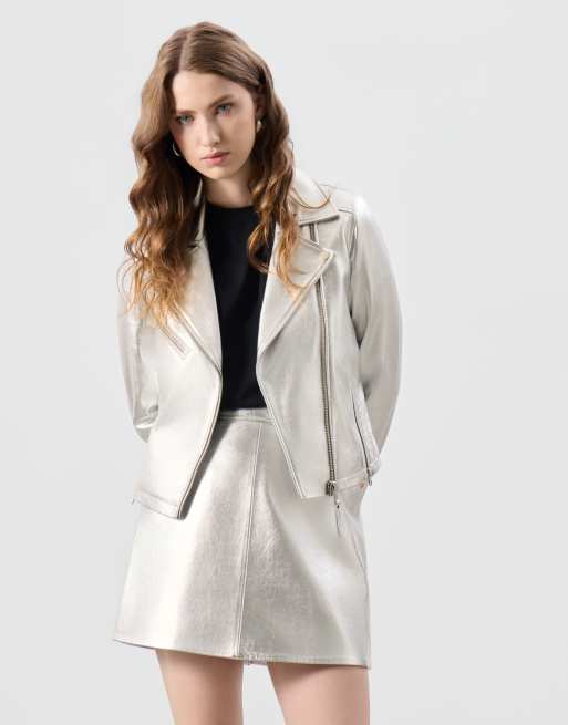 Bolongaro Trevor Real leather cora biker jacket in silver, 4 of 5
