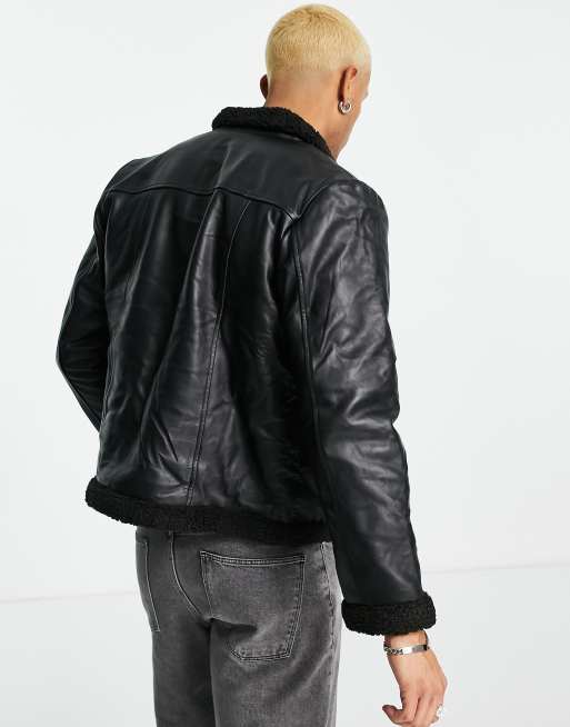 Bolongaro Trevor Reversible Aviator Shearling & Leather Jacket-Black - ASOS Outlet