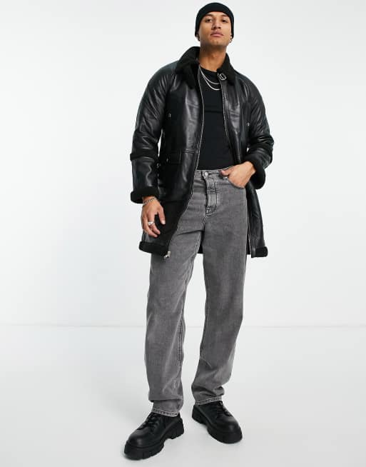 Bolongaro Trevor Reversible Aviator Shearling & Leather Jacket-Black - ASOS Outlet