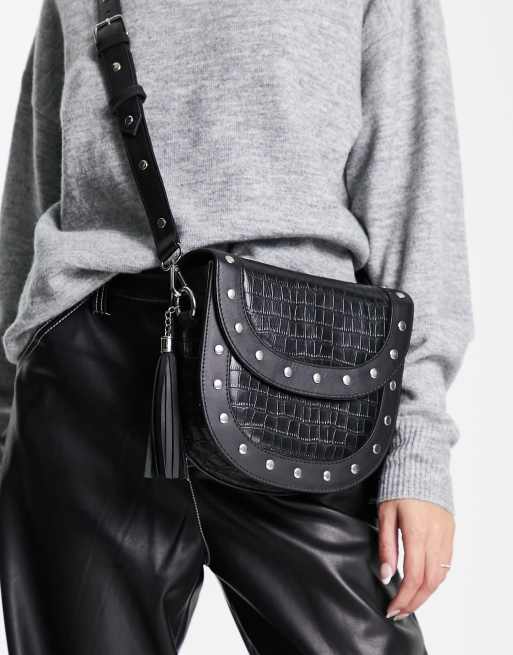 Sac à Bandoulière En Cuir Noir à Pois Cloutés - Marque CHIC - Neuf Avec étiquettes - Sangle Détachable