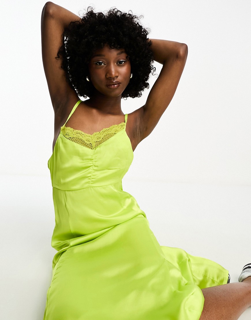 satin lace trim slip dress in lime-Green