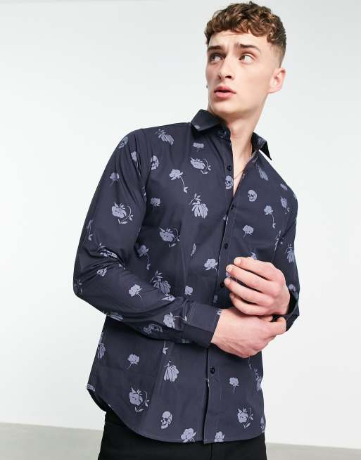 Bolongaro Trevor – Schmal geschnittenes Hemd mit Totenkopf- und Blumenprint