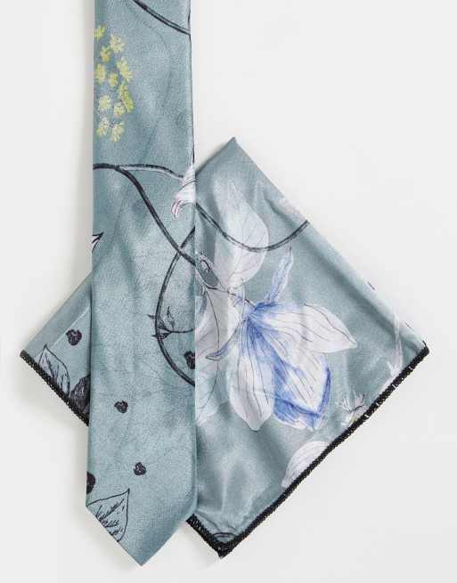 Bolongaro Trevor – Set mit schmaler Krawatte und Einstecktuch in Grün mit Blumenmuster
