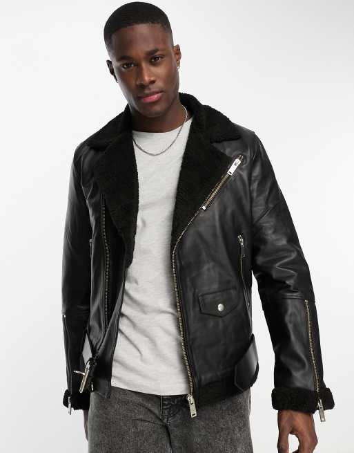 Bolongaro Trevor Reversible Aviator Shearling & Leather Jacket-Black - ASOS Outlet