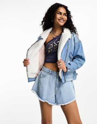 Bolongaro Trevor shearling trim denim bomber jacket in blue - ASOS Price Checker