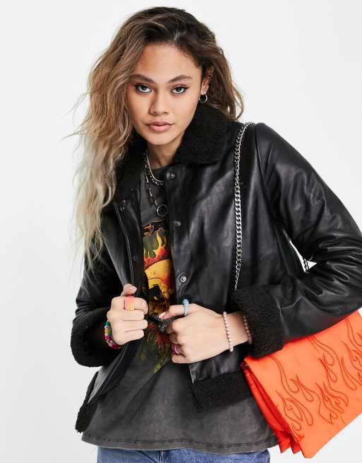 FAUX SHEARLING TRIM LEATHER JACKET - Black