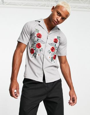 Bolongaro Trevor shirt with rose embroidery in stone