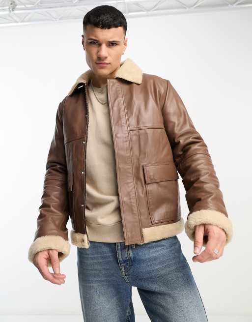 Bolongaro Trevor short shearling collared leather jacket in brown | ASOS