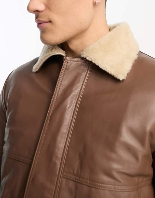 Short collar leather jacket hotsell