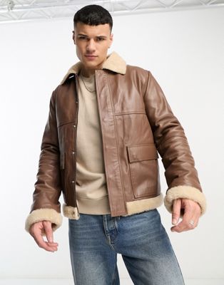 Bolongaro Trevor short sheerling collared leather jacket in brown