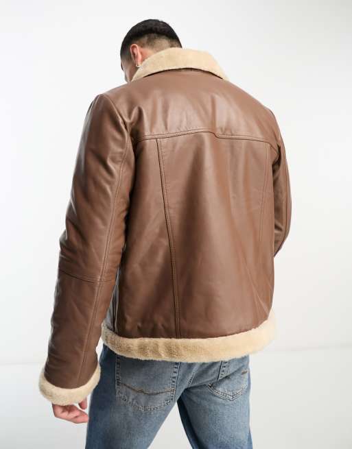 Bolongaro Trevor short sheerling collared leather jacket in brown, 2 of 4
