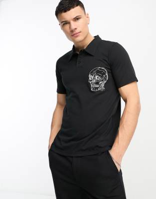 Bolongaro Trevor Bolongaro Trevor short sleeve polo in black with skull front print