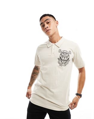 short sleeve polo in stone with skull front print-Neutral