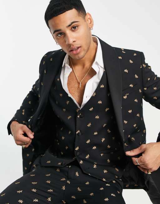 Bolongaro Trevor skinny fit all over bee embroidered suit jacket in black