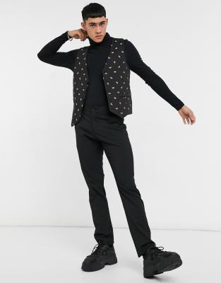 Bolongaro Trevor Skinny Fit All-over Bee Embroidered Suit Vest-black