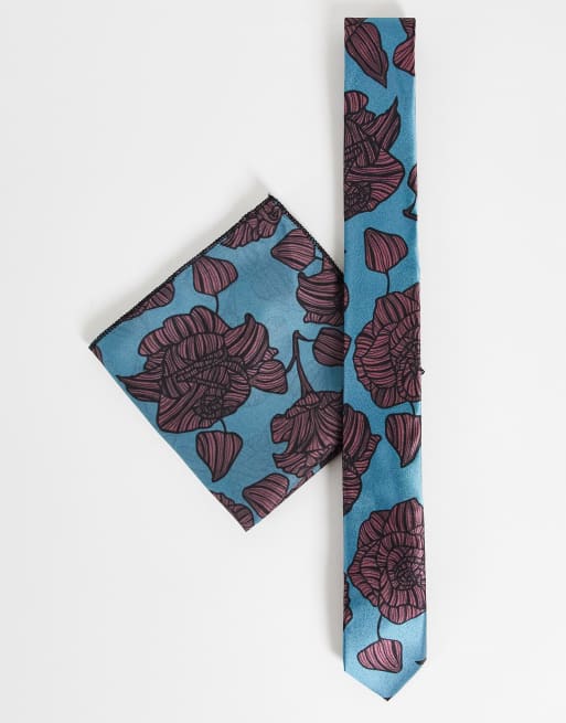 Bolongaro Trevor skinny tie and pocket square set in teal and red floral