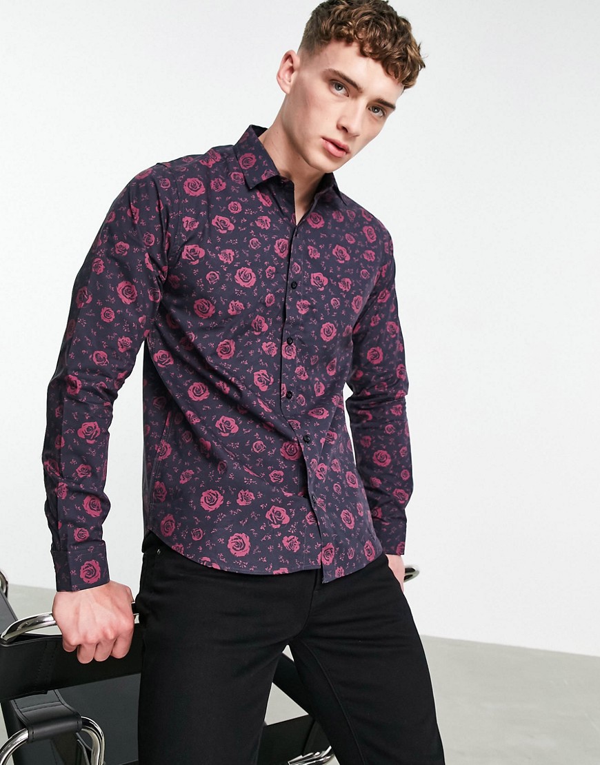Bolongaro Trevor - Slim fit skjorte med rosenprint-Rød