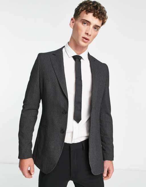 Express Men  Extra Slim Black Striped Seersucker Suit Jacket in