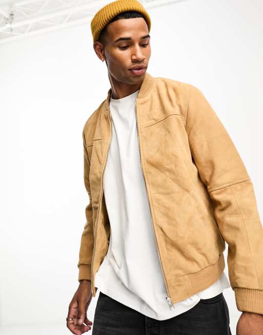 ASOS Suede Bomber Jacket In Tan in Brown for Men