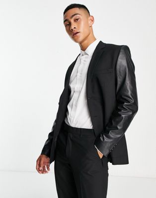 Bolongaro Trevor suit jacket in black with faux leather sleeves
