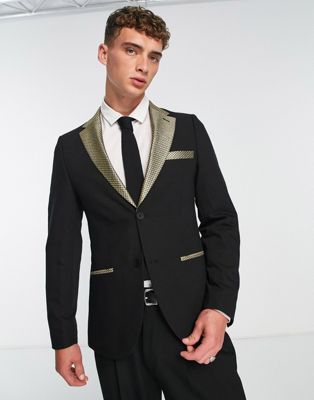 Bolongaro Trevor suit jacket in black with gold contrast lapels