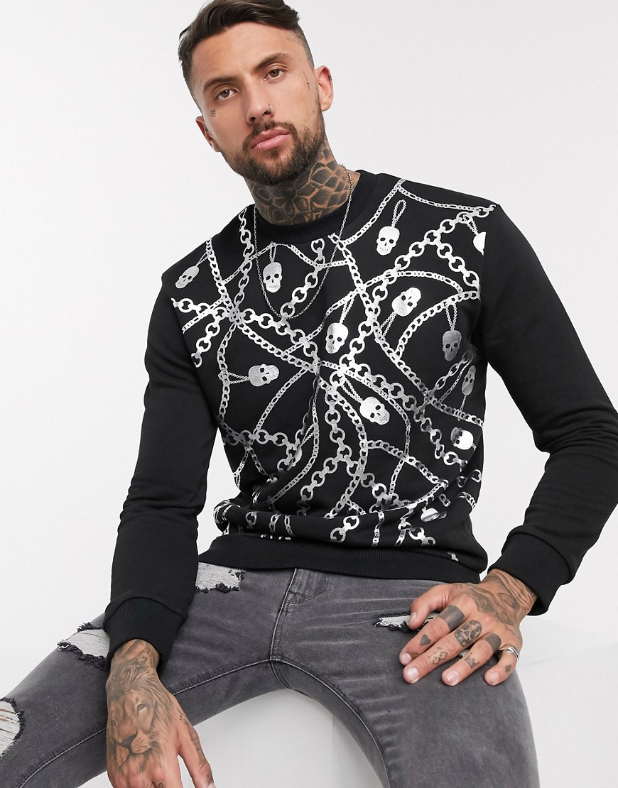 Bolongaro Trevor - Sweater met ronde hals en ketting- en schedelprint-Zwart