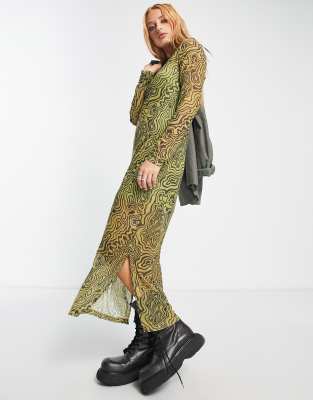 Bolongaro Trevor swirl print long sleeve mesh midi dress in green and black