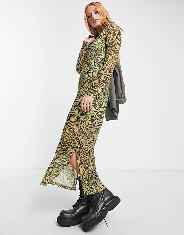 Bolongaro Trevor - swirl print long sleeve mesh midi dress in green and black