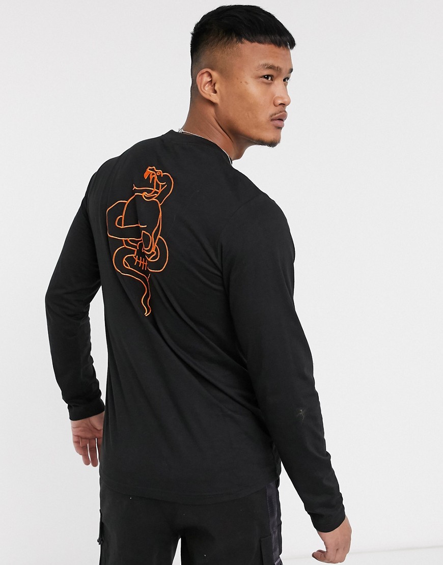 Bolongaro Trevor - T-shirt a maniche lunghe con teschio e serpente fluo sul retro-Nero