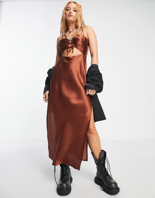 Bolongaro Trevor - Take Me To The Party - Robe mi-longue froncée en satin - Marron 