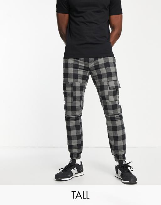 ASOS DESIGN straight tartan plaid cargo pants in red with leather