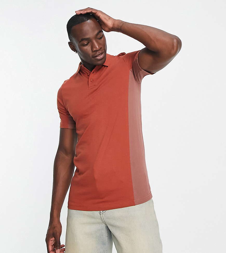 Tall color block polo in rust-Red