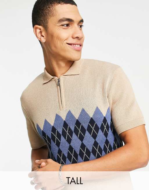 Bolongaro Trevor Tall – Gestricktes Polohemd in Beige mit Argyle-Rautenmuster