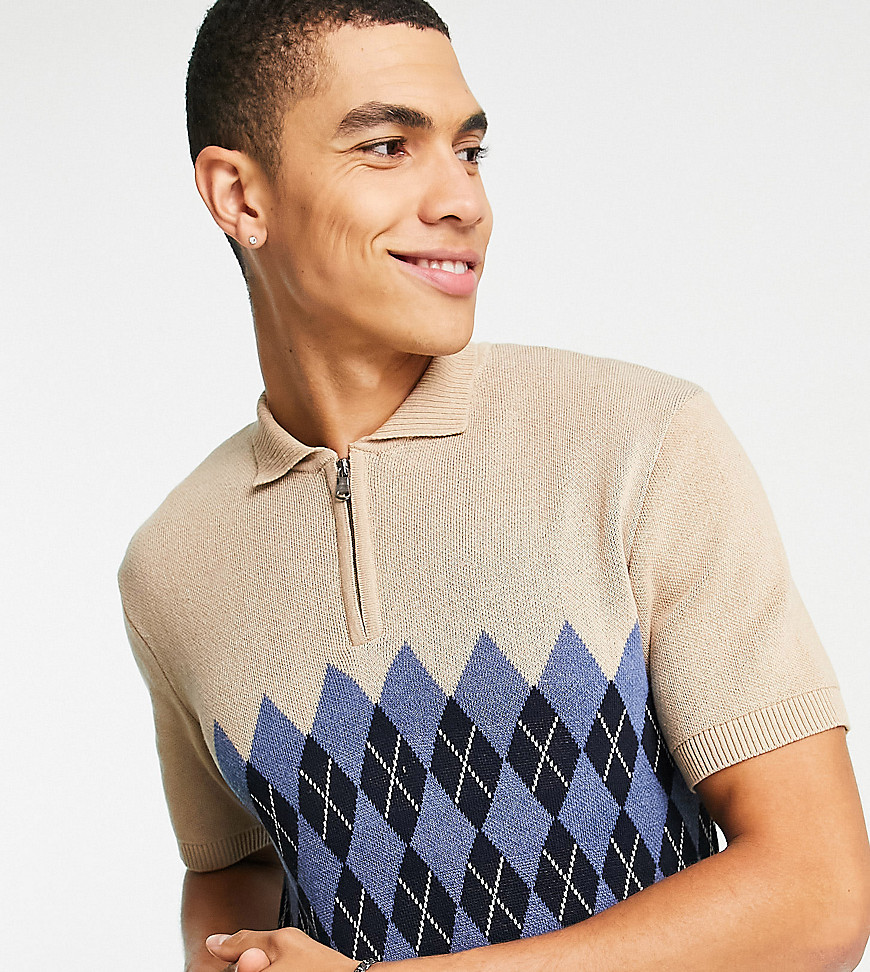 Tall knit polo in beige argyle print-Gray