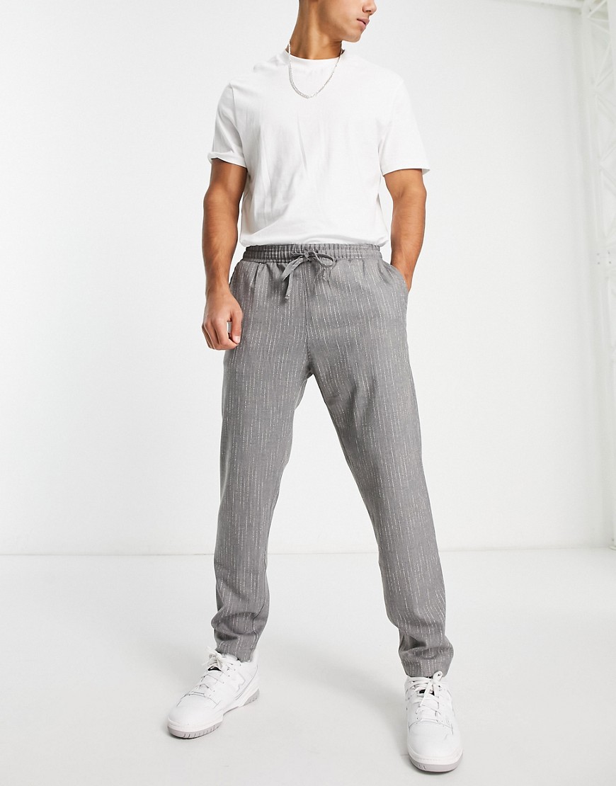 Bolongaro Trevor tapered fit elastic waist smart pants in light gray pinstripe