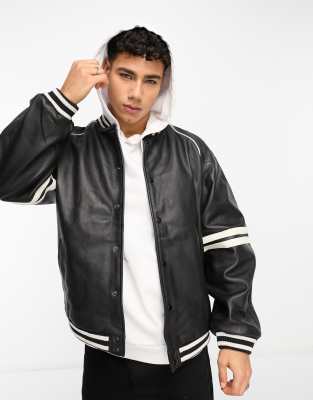 textured leather baseball jacket in black