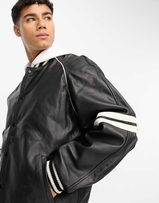 Bolongaro Trevor textured leather baseball jacket in black ASOS