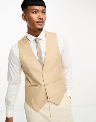 Bolongaro Trevor wedding plain skinny waistcoat in beige - ASOS Price Checker