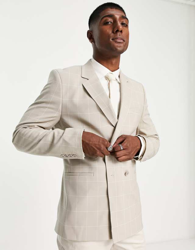 Bolongaro Trevor wedding skinny double breasted suit jacket in stone check