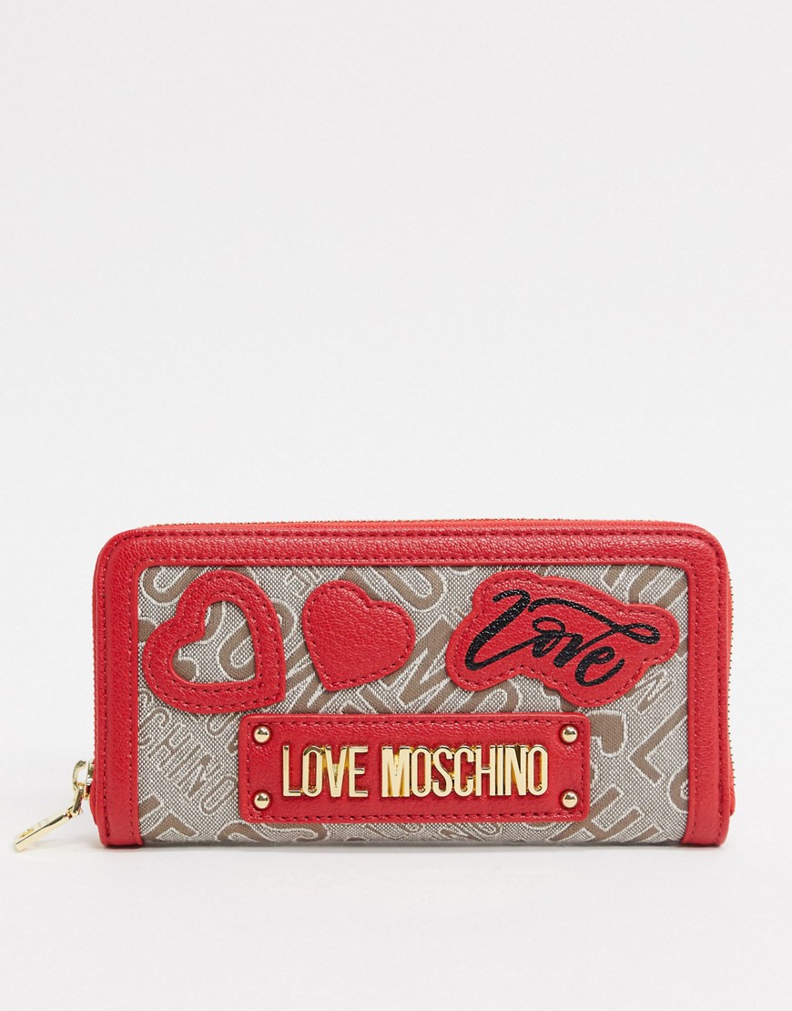 фото Большой жаккардовый кошелек с нашивками и логотипом love moschino-красный