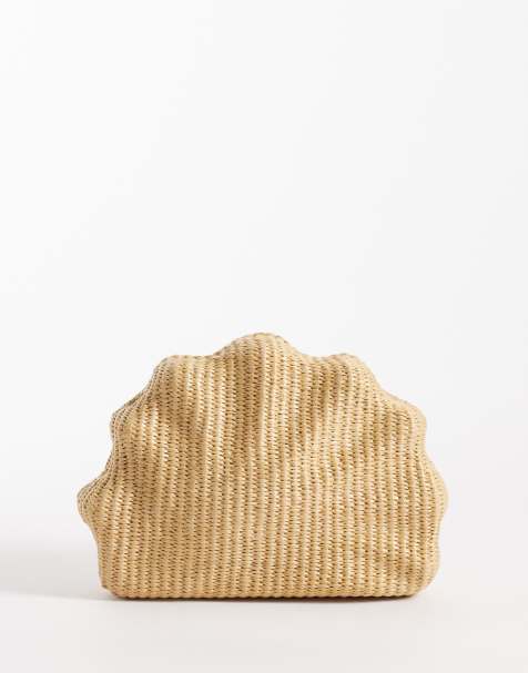 Bolso clutch beis rígido en forma de concha de paja con bandolera de cadena de ASOS DESIGN - view 1