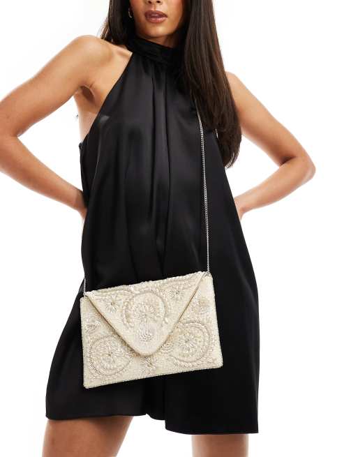 Bolso clutch color crema de estilo sobre con diseño floral de cuentas de True Decadence, 4 de 4