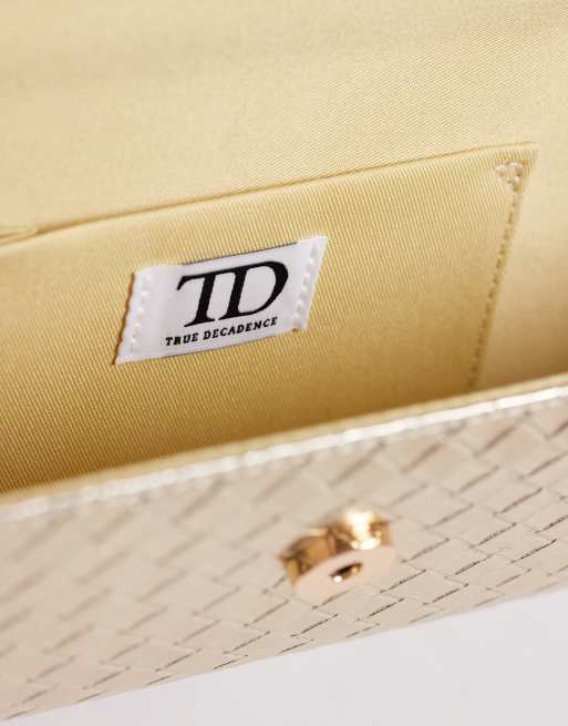 Bolso clutch dorado alargado con diseño entretejido de True Decadence, 3 de 4