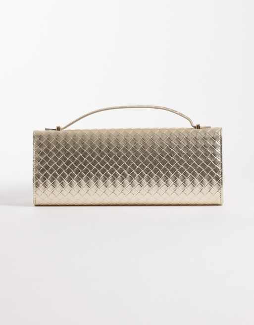 Bolso clutch dorado alargado con diseño entretejido de True Decadence, 4 de 4