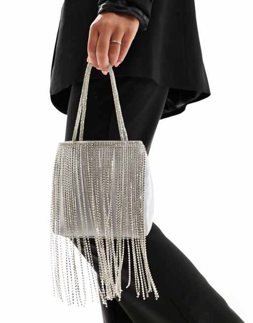 Bolso clutch plateado con asa superior y flecos de strass de ASOS DESIGN