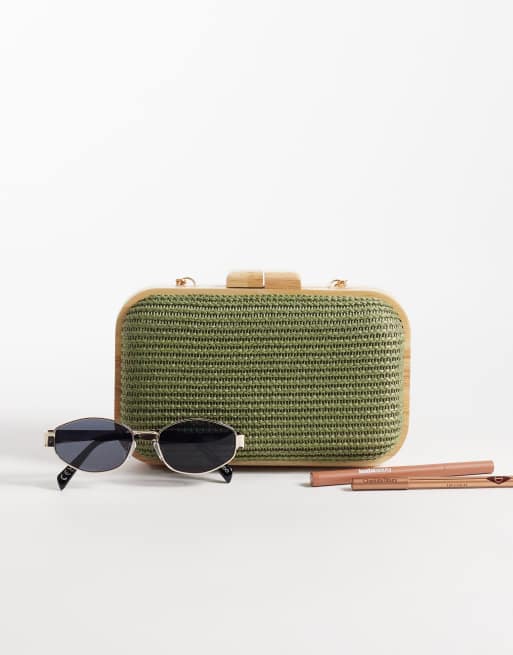 Bolso clutch verde de rafia con detalles efecto madera de Glamorous, 2 de 4