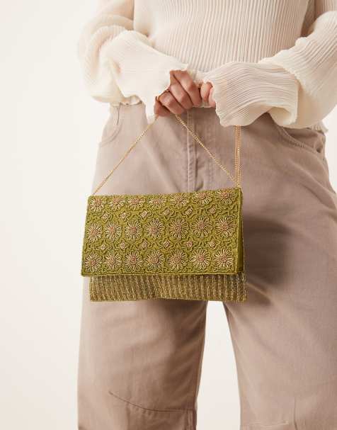 Bolso clutch verde y dorado estilo sobre con diseño de abalorios de True Decadence - view 1