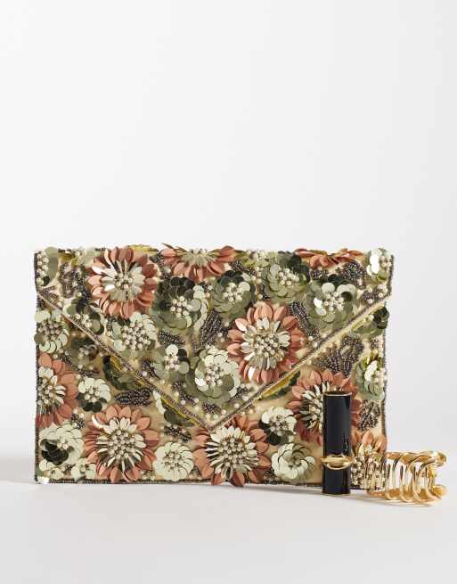 Bolso clutch verde y rosa con abalorios florales tridimensionales de True Decadence , 2 de 4