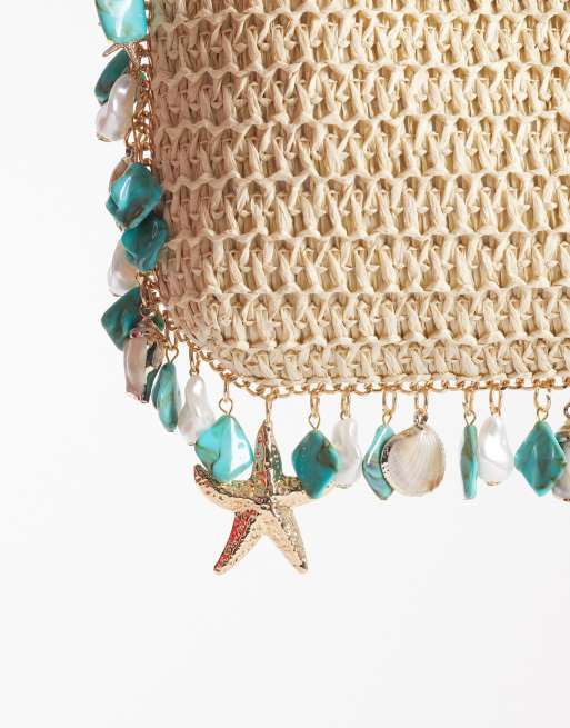 Bolso de hombro beis con adornos de conchas y cuentas de South Beach , 3 de 4