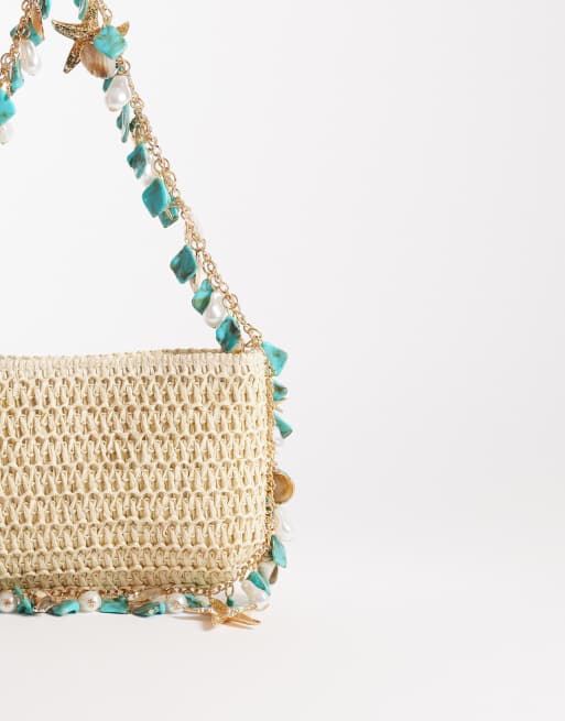 Bolso de hombro beis con adornos de conchas y cuentas de South Beach , 4 de 4